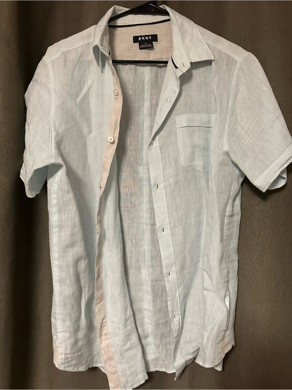 DKNY Light Blue Short-Sleeve Linen Button-Down Shirt